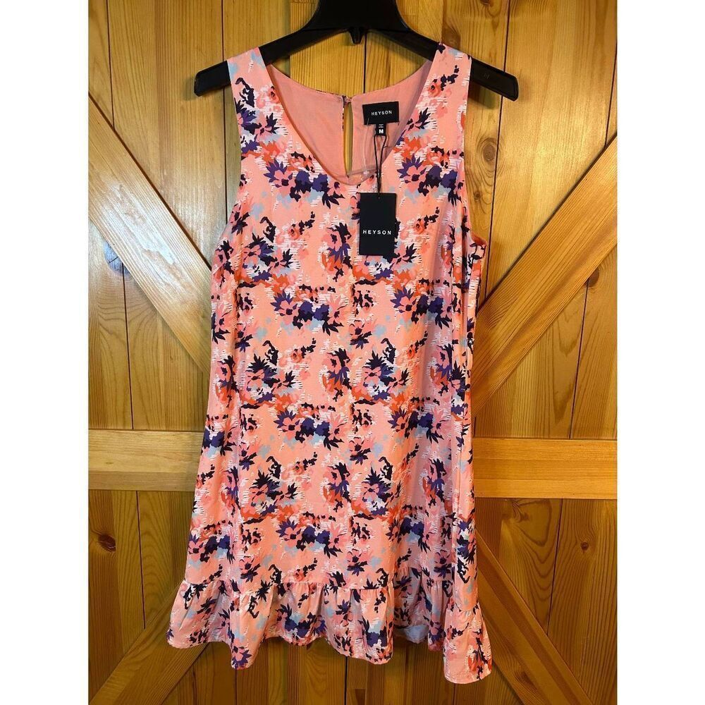 Heyson Lined Pink Floral Sleeveless Shift Dress Ruffle Hem NWT Size Medium (5148